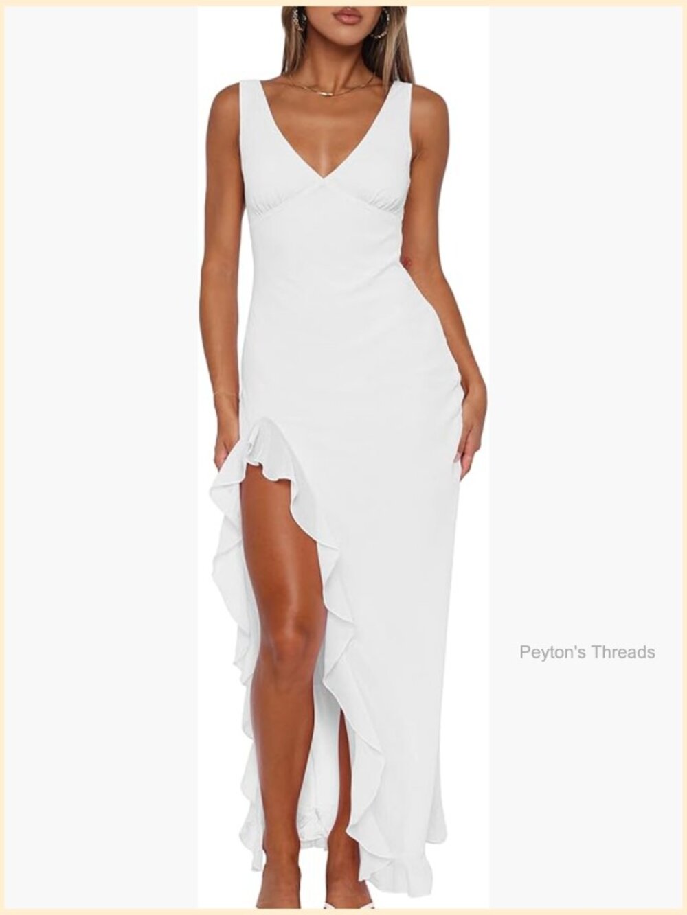 Sexy Bodycon V Neck Sleeveless Ruffle Hem High Slit Maxi Dress Cocktail Party